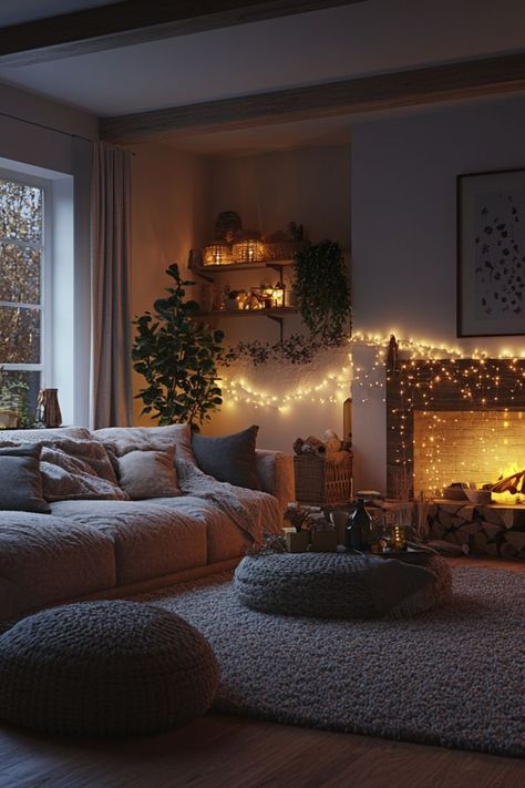 Embrace hygge decor for a warm, cozy living room filled with comfort. #HyggeDecor #CozyHome #LivingRoomStyle Hygge Basement, Hygge Dinner, Hygge Decor Living Rooms, Hygge Lights, Hygge Aesthetic Home, Hygge Decor Inspiration, Hygge Room, Warm Cozy Living Room, Cozy Scandinavian Living Room