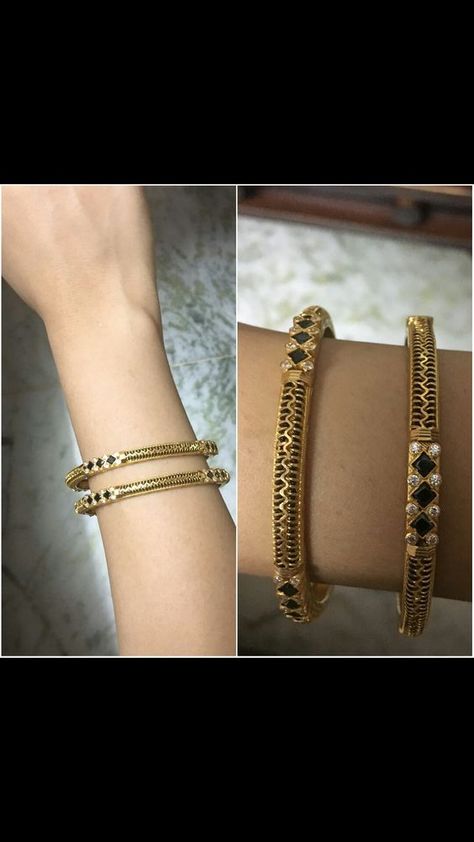 BANGLES! Black Bead Gold Bangles, Black Beads Bangles Gold Indian, Black Bangles, Plain Gold Bangles, Ruby Jewelry Necklaces, Wedding Earrings Studs, Ladies Bangles, Black Beads Mangalsutra Design, Bangles Gold