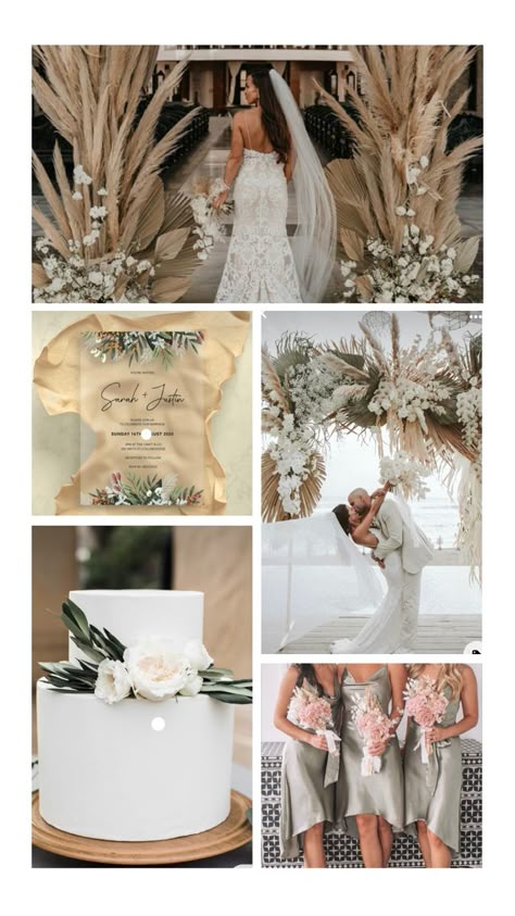 Bohemian Sage Green Wedding, Sage Green And Blush Boho Wedding, Beach Wedding Pampas, White Green Pampas Wedding, Boho Sage Wedding, Sage Green Boho Wedding Decor, Sage And Pampas Wedding, Sage Green Pampas Wedding, Green Wedding Theme Beach