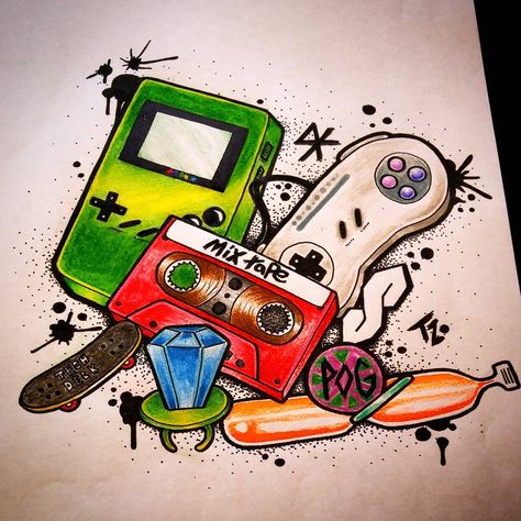 Rust Tattoo Game, 90s Baby Tattoo, Nintendo Tattoos, 90 Nostalgia, 90s Nerd, Mr Cartoon Tattoo, 90s Graffiti, Tattoo Art Design, Mario Tattoo