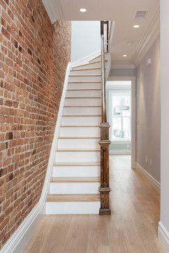 Brick Staircase Wall, Brick Wall Stairs, Staircase Brick Wall, Exposed Brick Staircase, Staircase Brick Wall Design, Brick Stairs Interior, Brick Wall Staircase, Townhouse Staircase, Plum Ideas