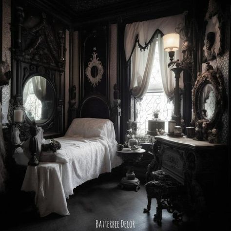 Goth Bedroom White Walls, Gothic Interior Bedroom, White Gothic Bedroom, Southern Gothic Bedroom, Gothic Bedroom Aesthetic, Gothic Victorian Bedroom, Victorian Gothic Bedroom, Gothic Rooms, Hype Beast Bedroom