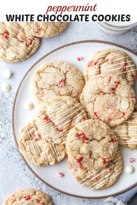 These peppermint white chocolate chip cookies are super soft and chewy, and full of flavor. Dress them up with sparkling sanding sugar or a drizzle of white chocolate, either way they’re sure to be your new favorite holiday cookie! Christms Cookies, Peppermint White Chocolate, Completely Delicious, Easy Holiday Treats, Sanding Sugar, Chocolate Peppermint Cookies, Recipes For The Holidays, Peppermint White, Easy Christmas Cookie Recipes