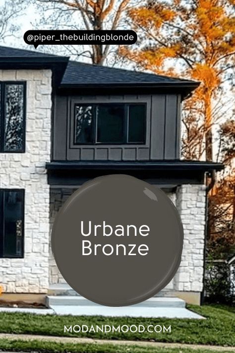 Outdoor Brick Colors Exterior Paint, Iron Ore Coordinating Colors Exterior, Dark House Front Door Color, Urbane Bronze And Black, Dark Painted Homes Exterior, Sw Black Magic Exterior, Sherman Williams Exterior Paints, Sherwin Williams Exterior Stain Colors, Ranch House Exterior Colors Paint Ideas