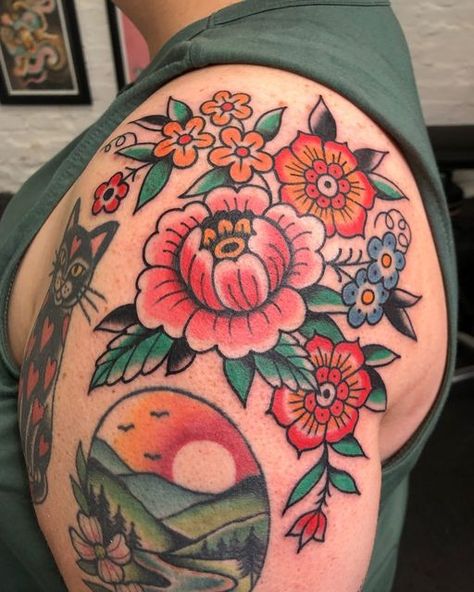 Traditional Womens Tattoo, Flower Shoulder Cap Tattoo, Traditional Style Shoulder Tattoo, Colored Shoulder Tattoos For Women, Shoulder Tattoos For Women Neotraditional, American Traditional Shoulder Cap Tattoo, Trad Shoulder Tattoos For Women, Traditional Tattoo Shoulder Cap, Traditional Flower Shoulder Cap Tattoo