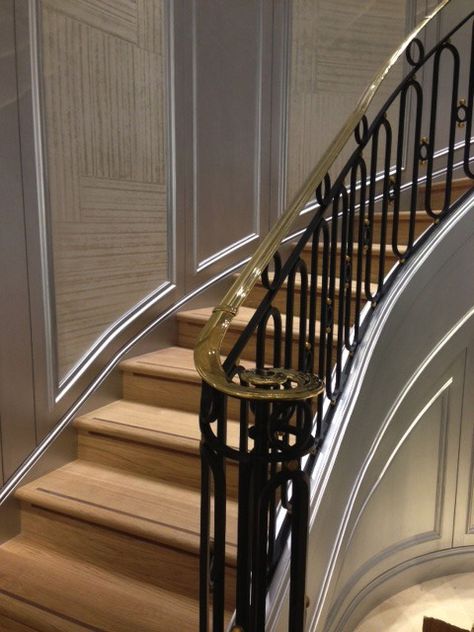 Classical Iron Staircase Balustrade with Brass Handrail - Fine Iron Design Of Staircase, Brass Handrail, Staircase Balustrade, Wrought Iron Stair Railing, Iron Staircase, Iron Stair Railing, Wrought Iron Stairs, Oak Stairs, Stair Handrail