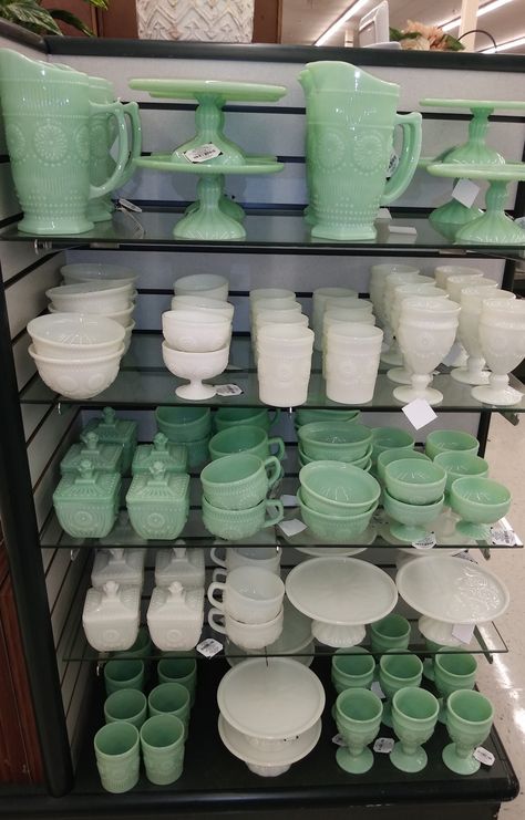 Milk glass @ Hobby Lobby! Milk Glass Dishes, Jadeite And Milk Glass Display, Jadeite Refrigerator Dishes, Colored Milk Glass Vintage, Milk Glass Decor, Green Milk Glass, Fenton Glassware Vintage Green, Milk Glass Collection, Vintage Dishware