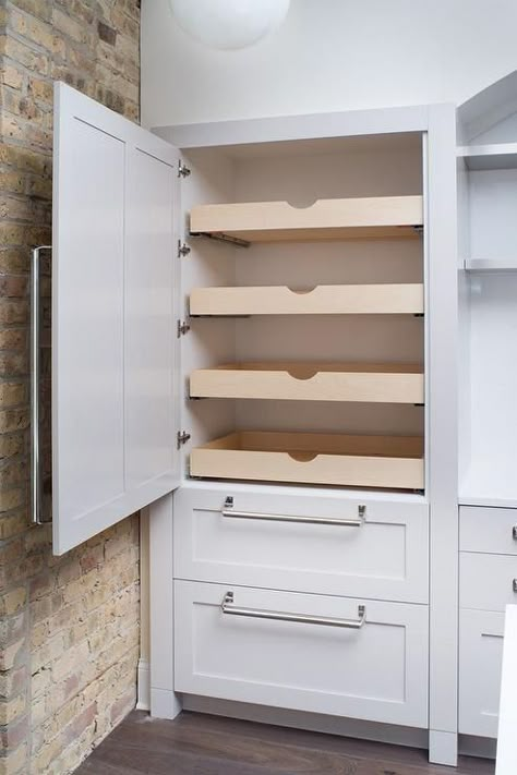 Hidden Pantry with Stacked Pull Out Shelves Pantry With Can Storage, Roll Out Shelves Linen Closet, Custom Kitchen Cabinets Ideas Built Ins, Built In Pantry Cabinet Wall, Shelves Pantry, Fridge Drawers, Hidden Pantry, Pantry Drawers, Built In Pantry