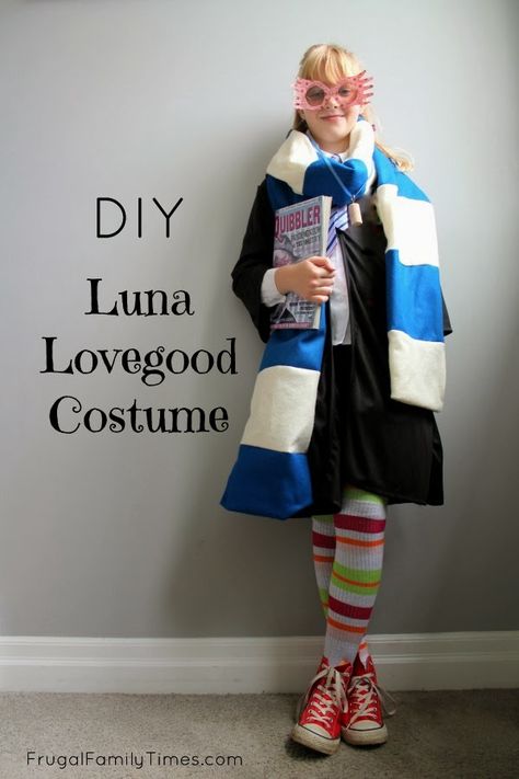 A DIY Halloween costume for Harry Potter fans!  A simple how to: a simple Luna Lovegood Costume.  This was made by our 9 year old daughter!  Includes ideas for spectrespecs, radish earrings, Ravenclaw scarf, Quibbler and more!  A fun costume for any girl. #harrypotter #lunalovegood #costume Radish Earrings, Luna Lovegood Glasses, Luna Lovegood Costume, Ravenclaw Scarf, Harry Potter Kostüm, Harry Potter Halloween Costumes, Diy Harry Potter, Harry Potter Luna Lovegood, Book Character Costumes