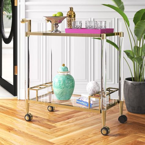 Etta Avenue™ Callie Bar Cart | Wayfair Bar Cart Inspo, Wine Bar Cart, Acrylic Bar Cart, Glass Shelf Supports, Drink Tray, Wine Bottle Storage, Glass Bar Cart, Luxe Style, Glass Bar