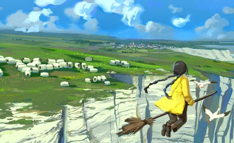 ArtStation - Cliff and sheeps, Justine Thibault Modern Fantasy, Fantastic Beasts, Green Aesthetic, Color Pallets, Animals Friends, Fantasy World, Traditional Art, Beautiful Artwork, Digital Painting