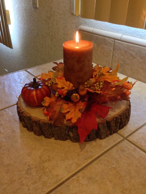 Dollar Tree Fall Wedding Centerpieces, How To Decorate Fireplace For Fall, October Table Centerpieces, Fall Leaves Centerpiece, Fall Themed Floral Arrangements, Fall Centerpiece With Candles, Fall Kitchen Centerpiece Ideas, Fall Candle Centerpieces Diy, Fall Theme Decorations