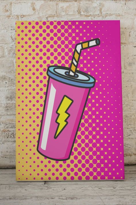 Indulge in a burst of color and nostalgia with our Pop Art Big Drink with lightening bolt! This eye-catching design features a retro-inspired milkshake with bold, graphic elements that will add a fun touch to any room. Perfect for printing and framing, this digital file is a unique addition to your home décor. Don't miss out on this fun and playful piece of pop art! Pop Art Kitchen Ideas, Pop Art Cafe, Pop Art Kitchen, Pop Art Kitchen Interiors, Pop Art Elements, Pop Art Cocktail, Comic Food Pop Art, Pop Art Product, Pop Art Food