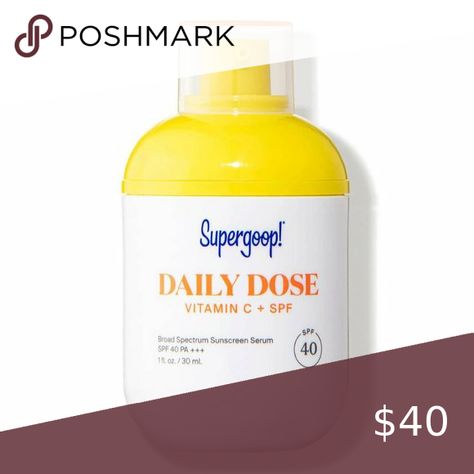 Supergoop Daily Dose Vitamin C + SPF 40 Brighten Skin, Broad Spectrum Sunscreen, Dark Spots, Vitamin C, Daily Dose, Sunscreen, Shampoo Bottle, Vitamins, Serum