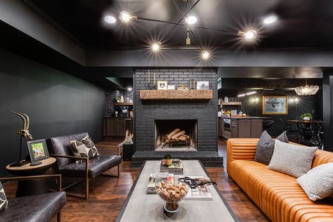 Dark Moody Basement, Black Basement Ceiling, Moody Basement, Basement Wall Colors, Industrial Basement, Basement Movie Room, Brown Aesthetics, Contemporary Basement, Basement Painting