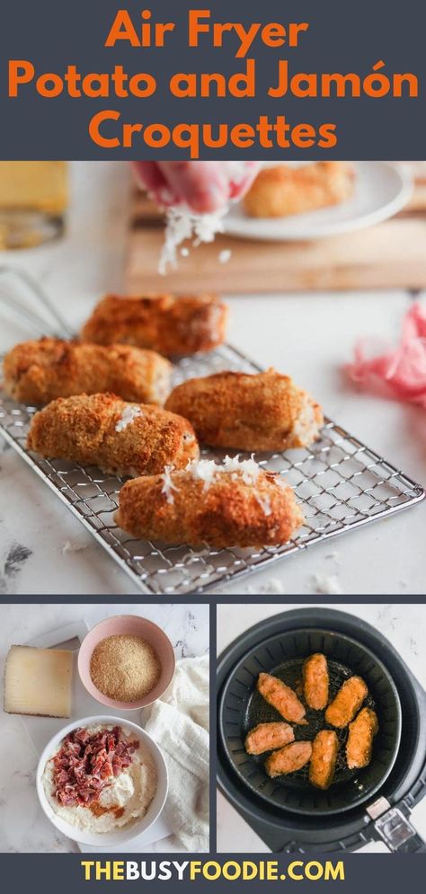 Croquettes Recipe Air Fryer, Ham Croquettes In Air Fryer, How To Make Croquettes, Air Fryer Tapas, Air Fried Appetizers, Air Fryer Croquettes, Potato Croquettes Air Fryer, Croquettes Air Fryer, Spanish Croquettes Recipe