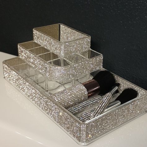 11 Compartment Organizer With Four Brushes Incredibly Beautiful And Sparkly, Sure To Add Style To Any Office, Bathroom, Vanity, Desk Or Whatever! High Quality And Durable Rhinestones Rhinestone Things, Vanity Organization Ideas, Baddie Things, Glam Bathroom Ideas, Bedazzled Stuff, Relaxation Products, Glam Vanity, Glitter Furniture, Clear Makeup Organizer