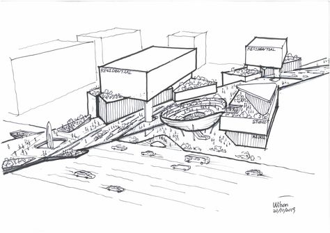 'Highline' concept , architecture design, sky bridge integrated with communal space Bridge Architecture Concept, Communal Space Design, School Building Plans, Architectural Thesis, Communal Space, Hostels Design, Conceptual Sketches, Unique Bedroom Design, Campus Design