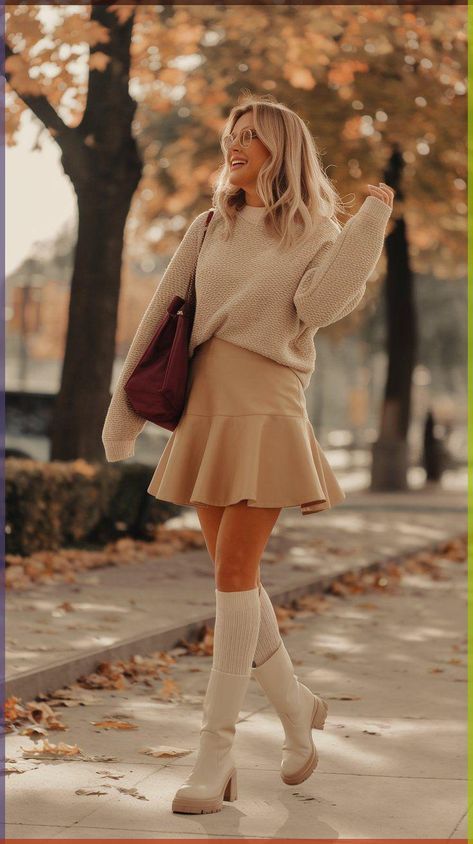 Beige Skirt Outfit, Beige Boots Outfit, Skirts And Boots, Coordinates Outfits, Trendy Date Night Outfit, Burgundy Bag, The Flare, Art Outfit, Beige Skirt