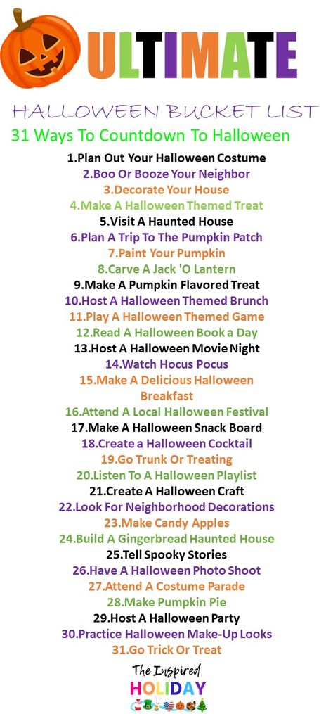 31 Days Of Halloween Activities For Adults, 30 Days Of Halloween Activities, Halloween Themed Movie Night Food, Halloween Bucket List For Kids, 31 Days Of Halloween Activities, 31 Days Of October, Halloween List, Halloween Themed Movies, Halloween Memories