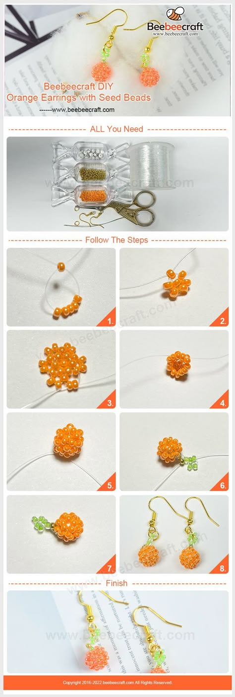 #Beebeecraft #DIY #Orange #Earrings with Seed #Beads. I’m in love with these 💕 Seed Bead Orange, Orange Seed Bead Bracelet, Seed Bead Fruit Tutorial, Orange Beaded Jewelry, Seed Bead Charm Patterns, Orange Beads Bracelet, Seed Bead Bee, Tacky Jewelry, Bracelets Thread