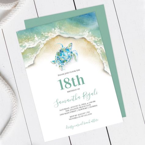 Tropical Sea Turtle Ocean Waves Birthday Invite - sea turtle party gifts Sea Turtle Party, Beach Birthday Invitations, Tropical Birthday Invitations, 18th Birthday Invitation, Turquoise Green Color, Watercolor Sea Turtle, Summer Birthday Invitations, Classy Invitations, Beach Invitations