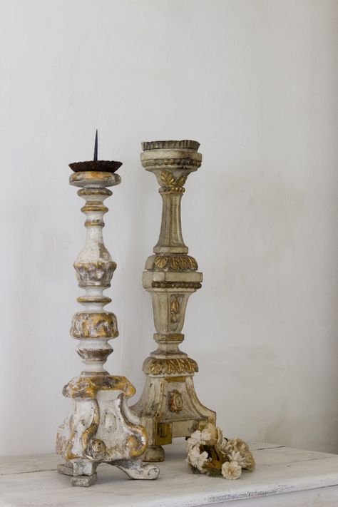 Candlestick Display Ideas, French Candles, Candlestick Display, Historical Ceramics, French Candlesticks, Ceramic Forms, Patina Style, Painted Candlesticks, Antiqued Candle Holders