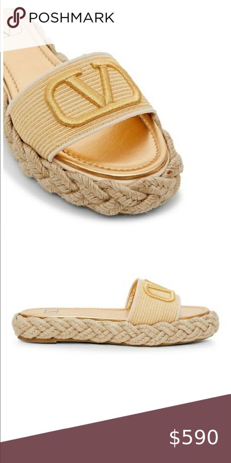 Valentino Garavani VLogo Flat Slide Sandals Valentino Slides, Valentino Espadrilles, Valentino Garavani Shoes, Espadrilles Slides, Valentino Shoes, Sandals Brands, Threading, Smart Shopping, Sandal Espadrille