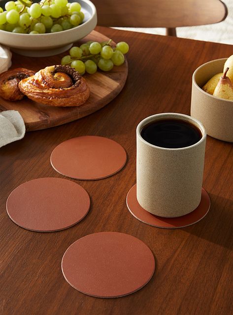 Cognac recycled leather coasters | Vacavaliente | Trivets & Coasters | Table Accessories | Simons Leather Coasters, Recycled Leather, Table Accessories, Trivets, Cognac, Cleaning Wipes, Kitchen Dining, Coasters, Recycling