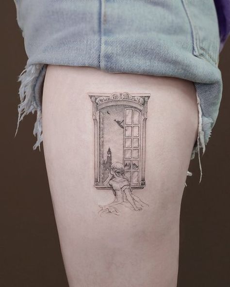 Peter Pan Window, Window Tattoo, Peter Pan Tattoo, Art Inspired Tattoos, Circle Tattoo, Line Art Tattoos, Book Tattoo, Elegant Tattoos, Disney Tattoos