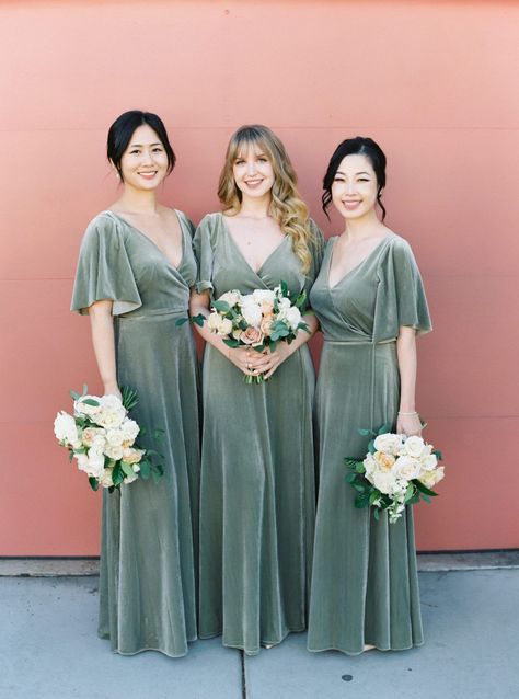 Sage green velvet short sleeve bridesmaid dresses. Bridesmaid bouquet with white sweet peas, ranunculus, and roses mixed with subtle pops of warmth with blush and terracotta roses. Cavin Elizabeth Photography Terracotta Roses, Short Sleeve Bridesmaid Dress, Darlington House, Burgundy Dahlia, White Ranunculus, Gorgeous Centerpieces, Green Velvet Dress, Tent Reception, Wedding Decor Inspiration