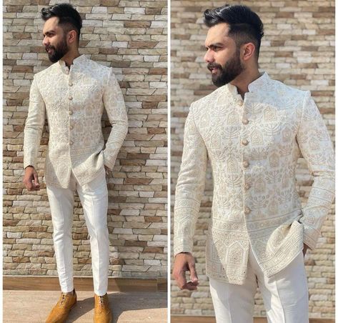 Indowestern Groom Outfit, Roka Ceremony Outfits Men, Engagement Dress For Men Classy, Groom Engagement Outfit, Indo Western Menswear, White Wedding Suits For Men, Indo Western Outfits For Men, Traditional Indian Mens Clothing, India Fashion Men