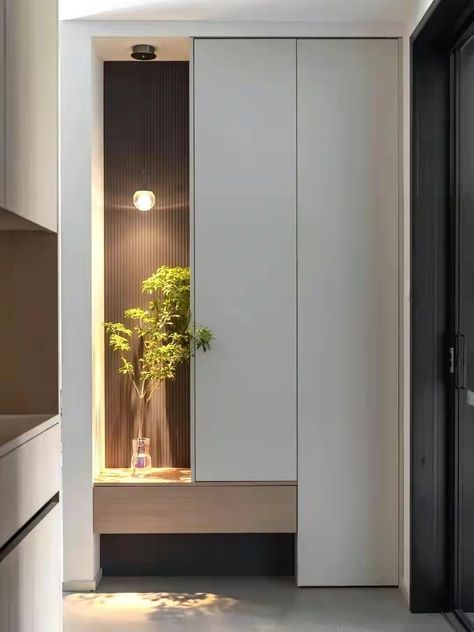 Entrance Foyer Design Small Spaces, Entrance Cupboard, Entryway Ideas Modern, Foyer Cabinet, Entrance Foyer Design, Faux Stone Walls, Apartment Entrance, Architectural Lighting Design, Contemporary Living Room Design