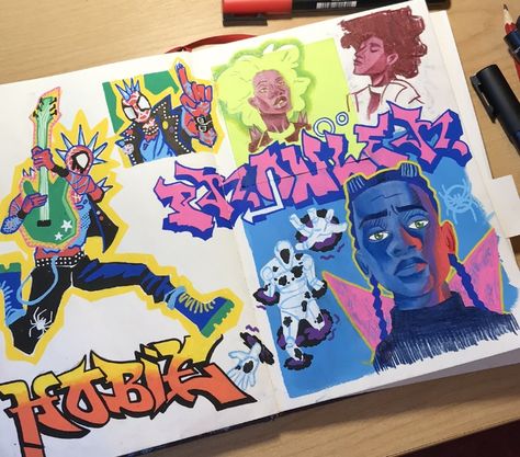 hobie brown, miles morales, spiderpunk, spiderman across the spiderverse, sketchbook spread Miles Sketchbook Page, Miles Morales Graffiti Font, Miles Morales Sketchbook Pages, Miles Morales Artwork, Spiderverse Sketchbook, Miles Graffiti, Miles Morales Sketchbook, Miles Sketchbook, Spiderverse Style