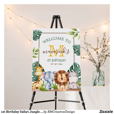 1st Birthday Safari Jungle Animals Welcome Sign Jungle Theme Welcome Board, Han Birthday, Safari Wild One, Wild One 1st Birthday, 1st Birthday Signs, Jungle Safari Birthday, Safari Baby Animals, Welcome Board, Wild One Birthday Party