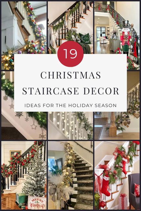 19 Christmas Staircase Decorating Ideas - Finding Mandee Garland On Bottom Of Staircase, How To Decorate Under A Staircase, Angled Stair Wall Decor, Christmas Stair Case Ideas, Stair Rails Christmas Decor, Stairway Railing Christmas Decorating, Christmas Decorations For Banisters, Simple Stair Garland Christmas, Christmas Tree On Stair Landing