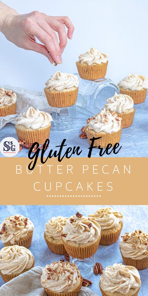 Gluten Free Butter Pecan Cake, Pecan Buttercream Frosting, Butter Pecan Cupcakes, Pecan Pie Cupcakes, Pecan Cupcakes, Gluten Free Pecan Pie, Gluten Free Cupcake Recipe, Gf Treats, Gluten Free Pecan