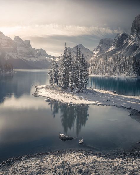 Michael Sidofsky on Instagram: “Spirit Island with a fresh dusting of snow” Nature, landscape photography. Acnh Snow, White Christmas Aesthetic, Spirit Island, Maligne Lake, Canadian Winter, Canadian Travel, Jasper National Park, Falling Snow, John Steinbeck