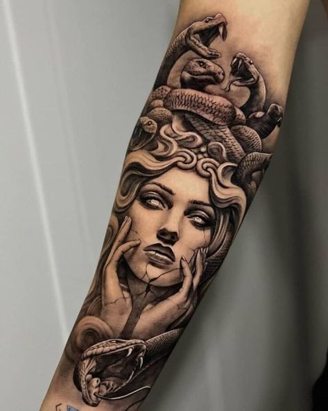 Unique Medusa Tattoo Sleeve, Greek Medusa Tattoo, Medusa Shin Tattoo, Medusa Forearm Tattoo Women, Half Medusa Tattoo, Pretty Medusa Tattoo, Medusa Forearm Tattoo, Medusa Thigh Tattoo, Medusa Tattoo Design For Women