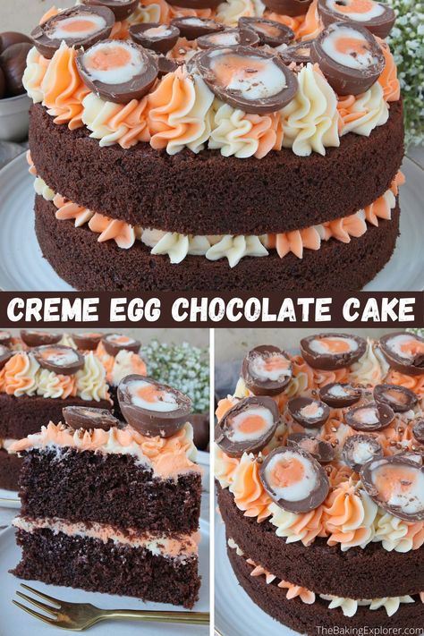 Recipe for a Creme Egg Chocolate Cake - a moist and delicious chocolate cake with two coloured buttercream and lots of Creme Eggs! #cremeeggs #thebakingexplorer #chocolatecake #eastercake #easterbaking Powdered Food Coloring, Cadbury Creme Egg, Spring Baking, Egg Cake, Creme Egg, Chocolate Layer Cake, Tasty Chocolate Cake, Easter Baking, Chocolate Eggs