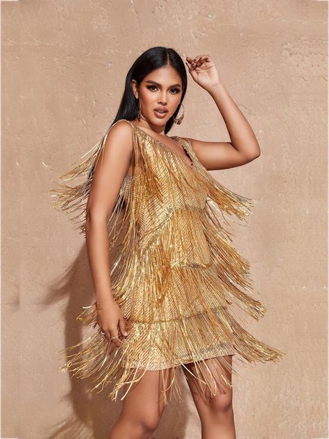 Fringe Trim Sequin Bodycon Dress | SHEIN USA Fringe Dresses, Cowboy Outfit, Bodycon Dress Online, Gold Fringe, Sequin Bodycon Dress, Shein Dress, Game Dresses, Fringe Dress, Loose Hairstyles