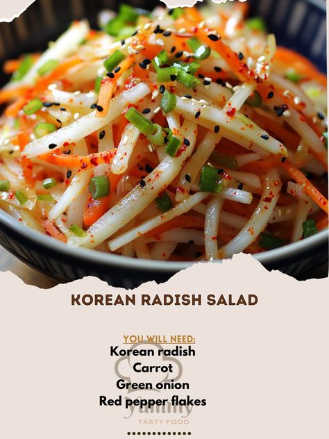 🥕 "Fresh, crisp, and zesty—this Korean Radish Salad is a must-try for your next meal!" 🥕 #KoreanSalads #FreshAndZesty Korean Radish Salad Ingredients: Korean radish (1 medium, peeled and julienned) Carrot (1 medium, julienned) Green onion (2, chopped) Red pepper flakes (1 tsp) Rice vinegar (2 tbsp) Sugar (1 tbsp) Soy sauce (1 tbsp) Sesame oil (1 tsp) Salt (½ tsp) Instructions: In a bowl, mix radish, carrot, and green onion. Combine red pepper flakes, rice vinegar, sugar, soy sauce, sesame... Korean Radish, Julienned Carrots, Carrot Greens, Radish Salad, Green Onion, Sesame Oil, Salad Ingredients, Rice Vinegar, Red Pepper Flakes