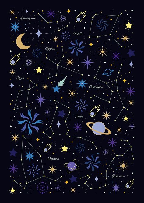 Carly Watts Illustration: Starry Night #space #constellations #stars #galaxy #universe #graphic #illustration Galaxy Universe, Black Paper, Constellations, The Sky, Starry Night, Planets, Universe, Stars, Black