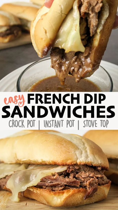 Super EASY French Dip Sandwiches...only 5 ingredients for the beef! Can be made with beef steaks or a roast...I just use whatever is on sale! Crock pot, Instant Pot, and Stove top instructions included. Click for the full recipe and full video! #beef #sandwich #sandwichrecipes #crockpot #instantpot #easyrecipe Easy French Dip Sandwiches, French Dip Sandwich Crockpot, Instant Pot French Dip, French Dip Sandwiches, Dip Sandwiches, Beef Steaks, Roast Beef Sandwiches, French Dip Sandwich, French Dip