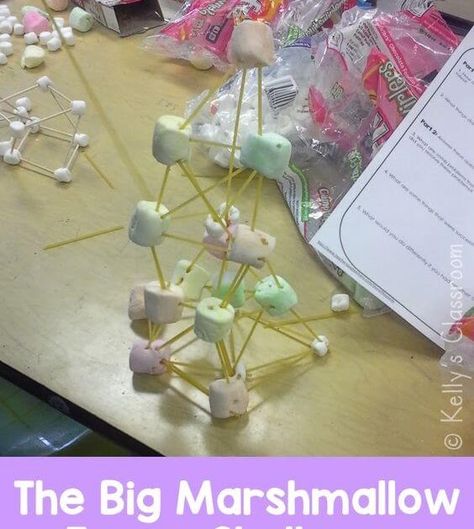 Students are teachers love this marshmallow tower STEM activity that reinforces geometry and engineering skills, teamwork, and problem-solving. Tower Stem Challenge, Marshmallow Tower, Investigation Station, Back To School Art Activity, Marshmallow Challenge, Big Marshmallows, Holiday Party Activities, Main Idea Worksheet, Text Structures