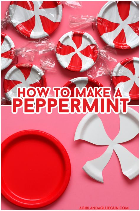 cute and easy Christmas craft that makes a darling Christmas tree decoration or party decor! #Christmas #peppermint Christmas Decor With Construction Paper, Christmas Gumdrops Decor, Hot Chocolate Party Decorations, Peppermint Christmas Tree Ideas Diy, Paper Plate Peppermint Candies, Peppermint Hallway Decorations, Peppermint Decorations Diy, Peppermint Diy Decorations, School Christmas Shop Ideas