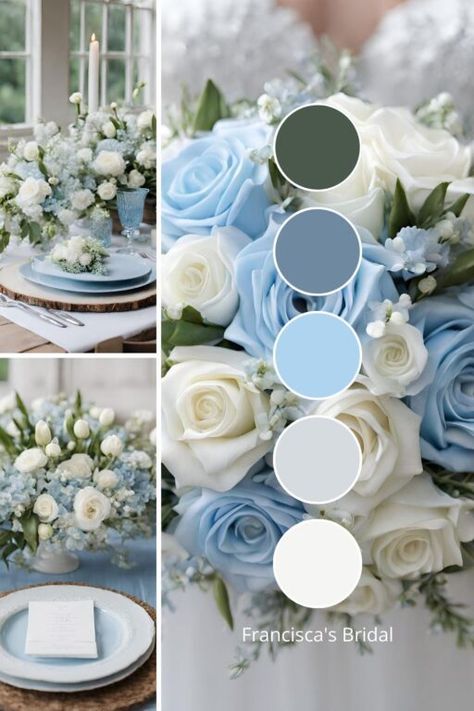 Blue Wedding Palettes, Periwinkle Blue Wedding Colour Palettes, Sky Blue Wedding Palette, Wedding Color Schemes Blue And Green, Wedding Pastel Color Schemes, Dusty Blue Color Palette Wedding, Dusty Blue Wedding Color Schemes, Wedding Color Palette Blue, Dusty Blue Color Scheme