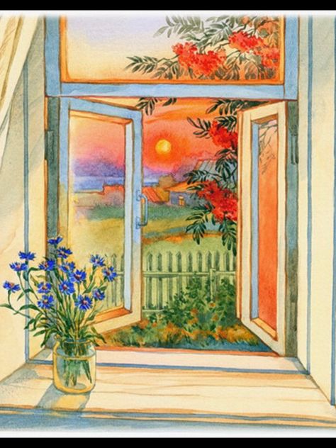 Window Drawings Art, Window Frame Art Ideas, Drawing Window View, Window Perspective Drawing, Painting Of A Window View, Window With Flowers Painting, Window Sill Painting, Open Window Drawing, Window View Drawing