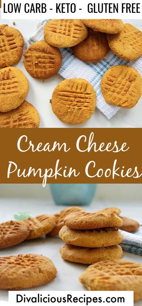 Easy low carb pumpkin cookies baked with cream cheese are a melt in your mouth cookie.  #cookie #pumpkin #lowcarb #creamcheese #keto #glutenfree #sugarfree Keto Cookies Pumpkin, Pumpkin Cookies Keto Recipes, Keto Pumpkin Biscotti, Pumpkin Keto Recipes Easy, Keto Pumpkin Cookies Chocolate Chips, Keto Pumpkin Snickerdoodles, No Carb Pumpkin Dessert, Almond Flour Pumpkin Cookies Keto, Low Carb Pumpkin Recipes Easy