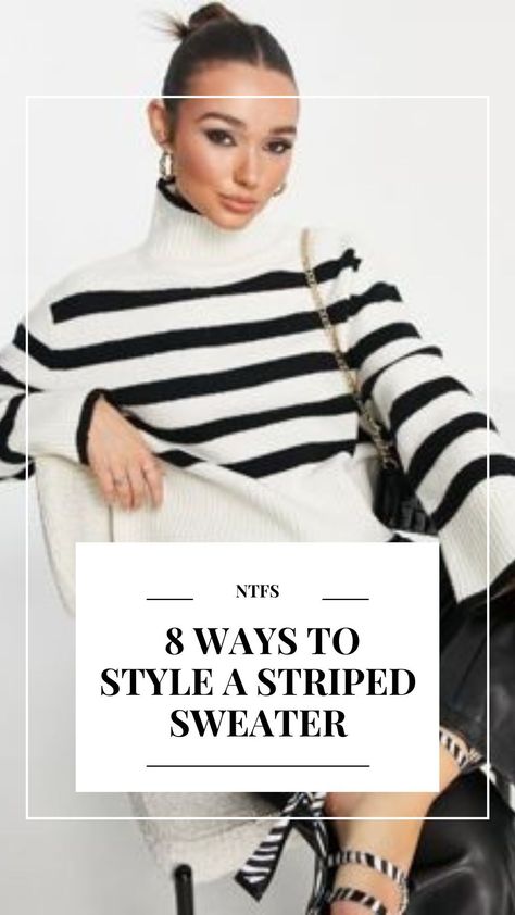 Black And White Stripe Knit Sweater Outfit, Oversized Black And White Striped Sweater, Stripe Sweater Outfit Winter, Strip Sweater Outfit Black And White, Black And White Striped Jersey Outfit, Cream And Navy Striped Sweater Outfit, Striped V Neck Sweater Outfit, Styling Striped Sweater, Styling White Sweater